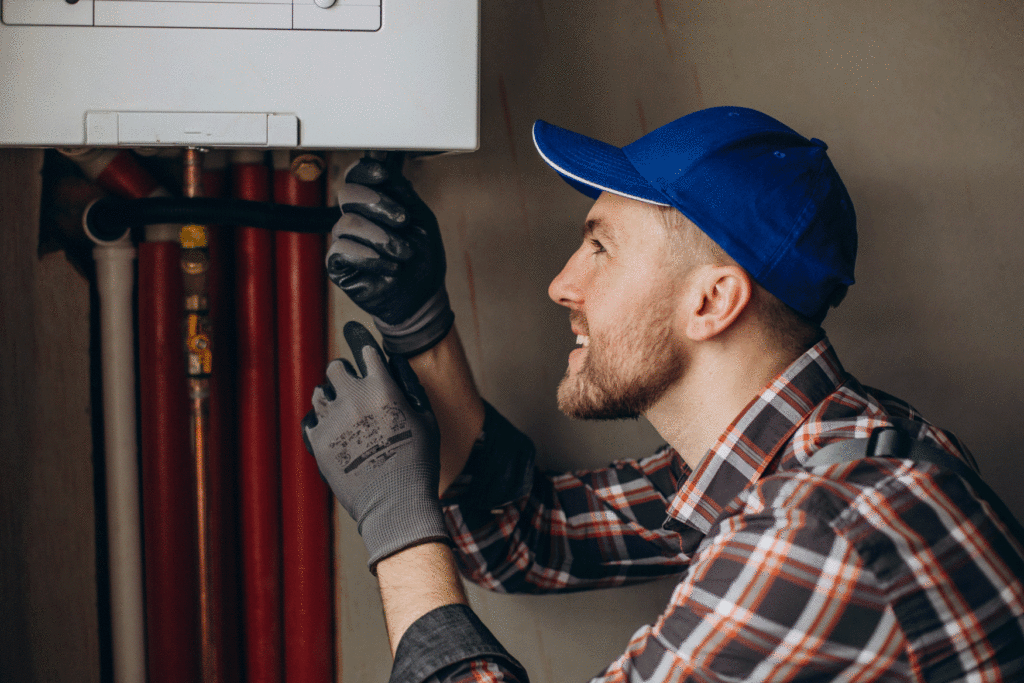 technicien qui installe un chauffe-eau